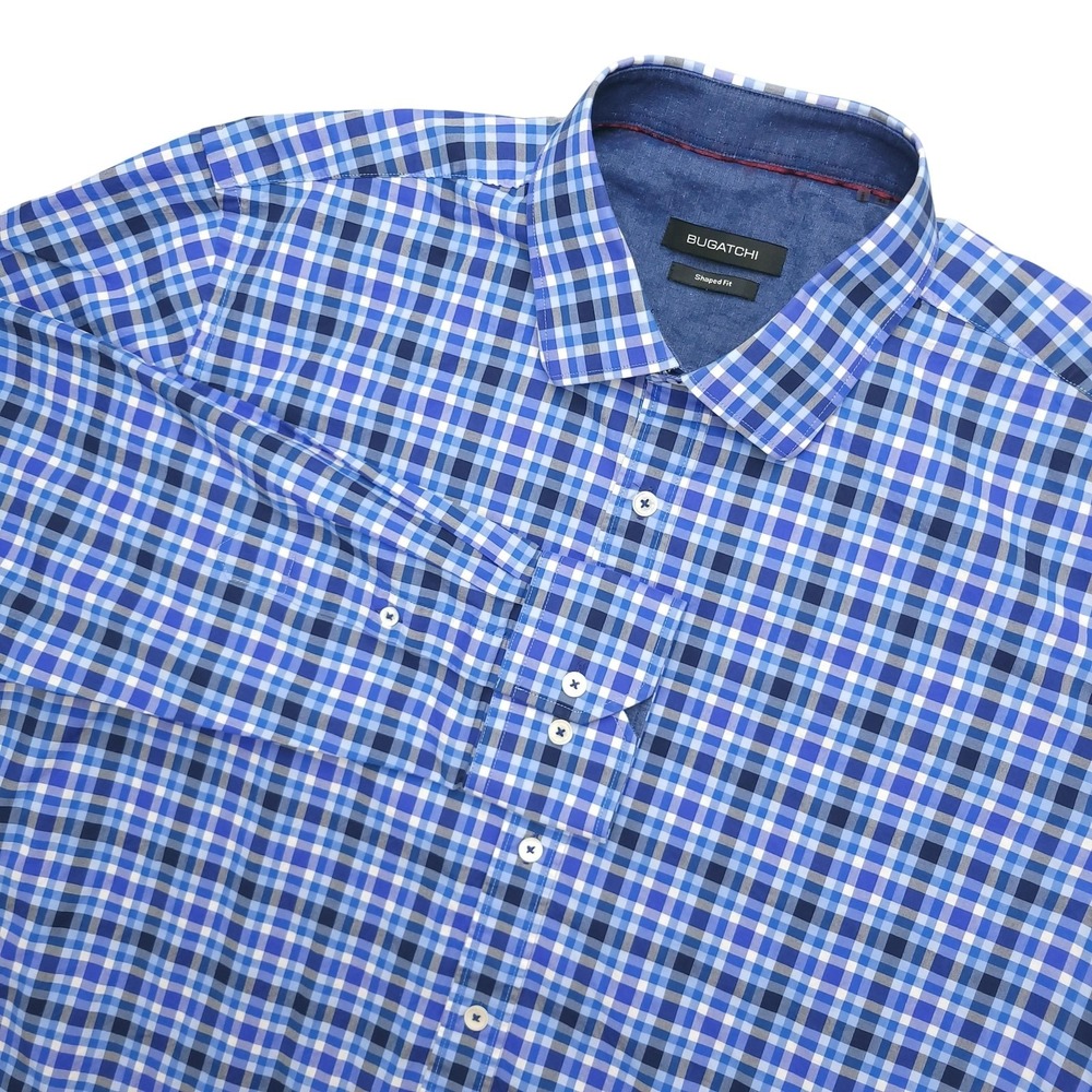 Bugatchi Shaped Fit Shirt Mens Big 1X Blue Check Long Sleeve Button Up Cotton
